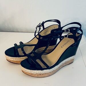 Via Spiga Patent Leather Wedge Platform Sandals Espadrille Cork Sole, Black, 9